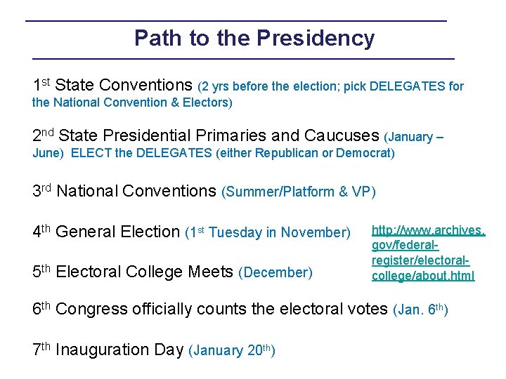 Path to the Presidency 1 st State Conventions (2 yrs before the election; pick Path to the Presidency 1 st State Conventions (2 yrs before the election; pick