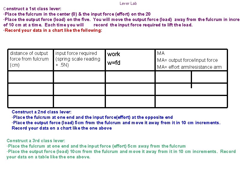 Lever Lab Construct a 1 st class lever: ·Place the fulcrum in the center
