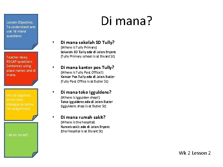 Di mana? Lesson Objective; To understand use ‘di mana’ questions • Teacher does; RECAP