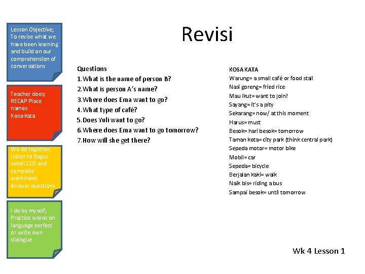 Lesson Objective; To revise what we have been learning and build on our comprehension