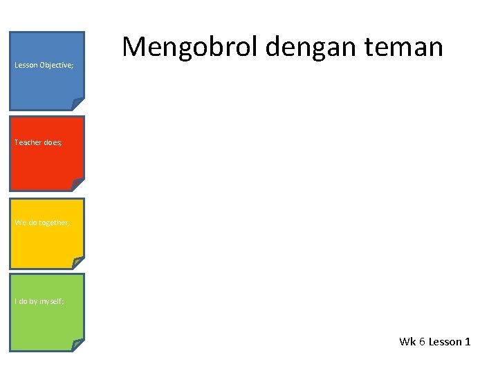 Lesson Objective; Mengobrol dengan teman Teacher does; We do together; I do by myself;