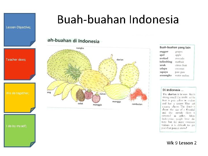 Lesson Objective; Buah-buahan Indonesia Teacher does; We do together; I do by myself; Wk