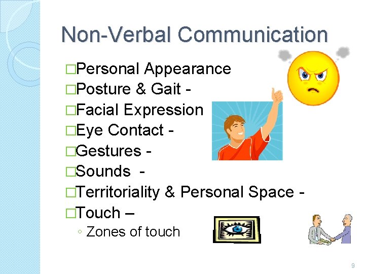 Non-Verbal Communication �Personal Appearance �Posture & Gait �Facial Expression �Eye Contact �Gestures �Sounds �Territoriality