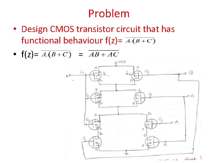 Problem • Design CMOS transistor circuit that has functional behaviour f(z)= • f(z)= =