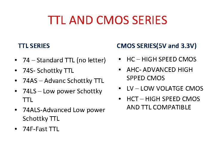 TTL AND CMOS SERIES TTL SERIES 74 – Standard TTL (no letter) 74 S-