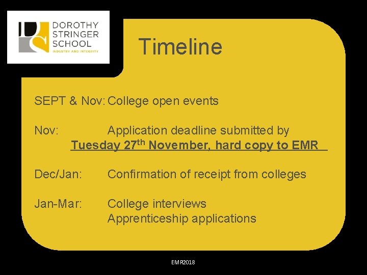 Timeline SEPT & Nov: College open events Nov: Application deadline submitted by Tuesday 27