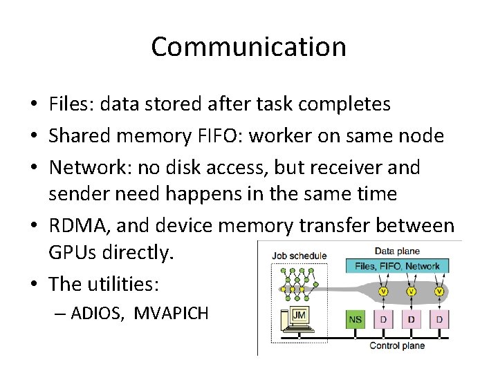 Communication • Files: data stored after task completes • Shared memory FIFO: worker on