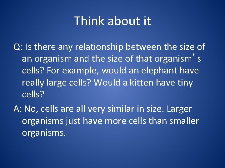 Think about it Q: Is there any relationship between the size of an organism