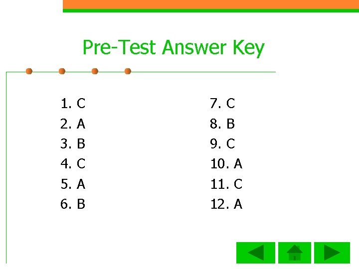 Pre-Test Answer Key 1. 2. 3. 4. 5. 6. C A B 7. C