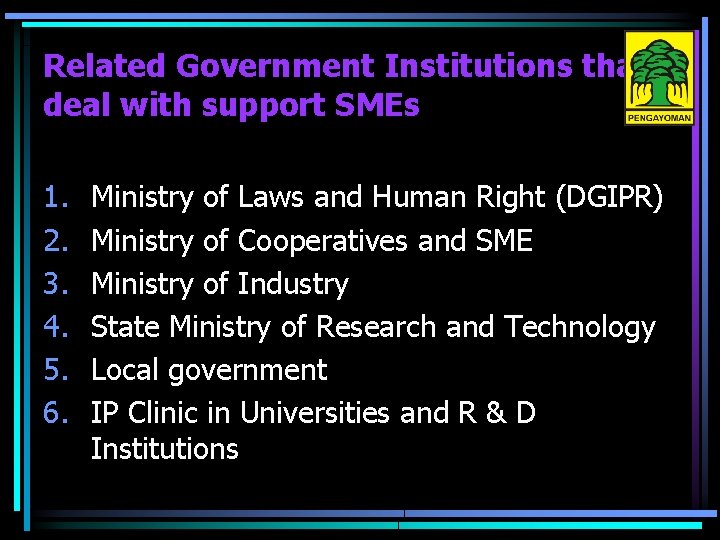 Related Government Institutions that deal with support SMEs 1. 2. 3. 4. 5. 6.