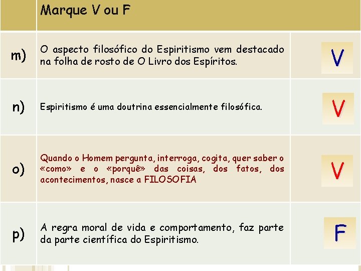 Marque V ou F m) O aspecto filosófico do Espiritismo vem destacado na folha