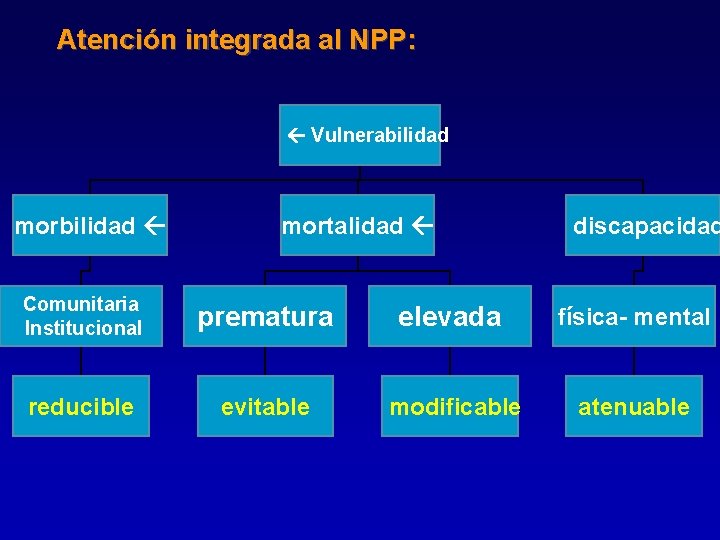 Atención integrada al NPP: Vulnerabilidad morbilidad mortalidad discapacidad Comunitaria Institucional prematura elevada física- mental