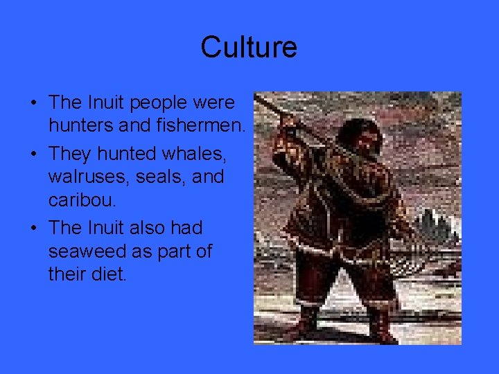 Culture • The Inuit people were hunters and fishermen. • They hunted whales, walruses,