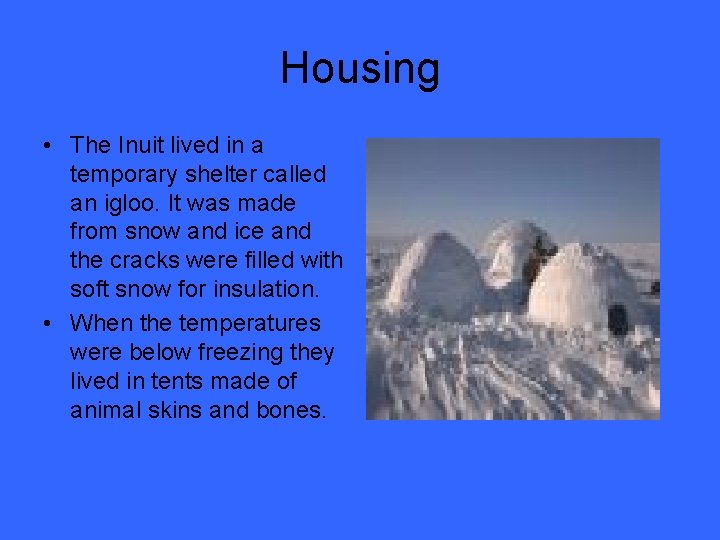 Housing • The Inuit lived in a temporary shelter called an igloo. It was