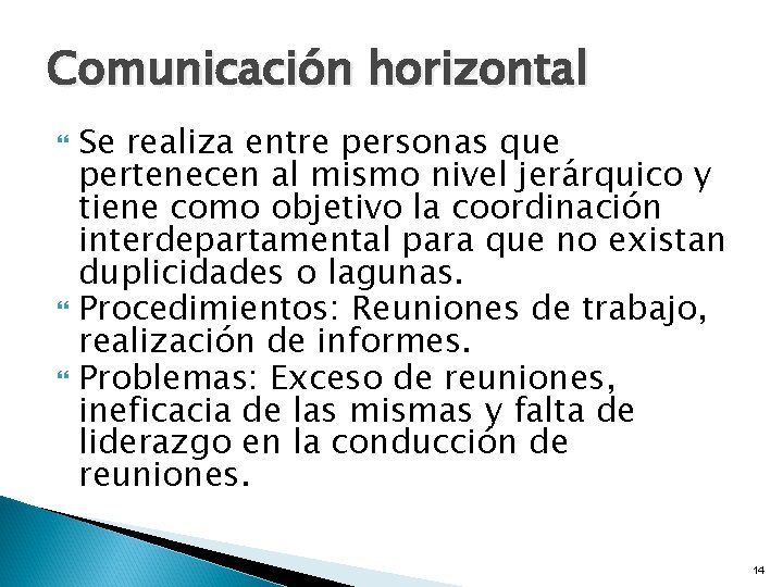 Comunicación horizontal Se realiza entre personas que pertenecen al mismo nivel jerárquico y tiene