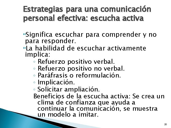 Estrategias para una comunicación personal efectiva: escucha activa Significa escuchar para comprender y no