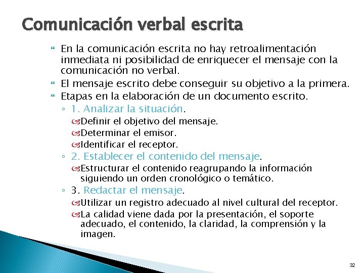 Comunicación verbal escrita En la comunicación escrita no hay retroalimentación inmediata ni posibilidad de
