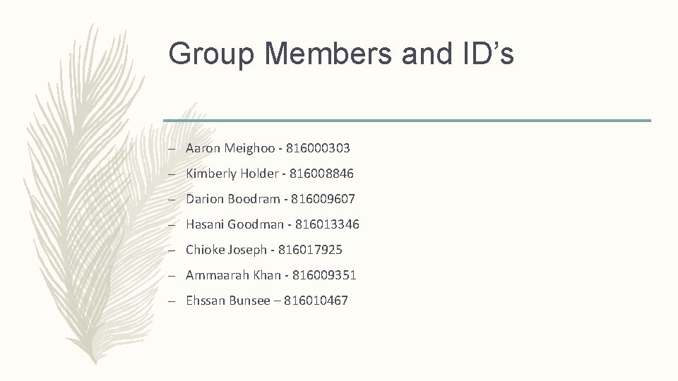 Group Members and ID’s – Aaron Meighoo - 816000303 – Kimberly Holder - 816008846