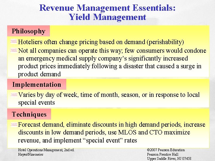 Revenue Management Essentials: Yield Management Philosophy Hoteliers often change pricing based on demand (perishability)