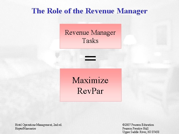 The Role of the Revenue Manager Tasks = Maximize Rev. Par Hotel Operations Management,