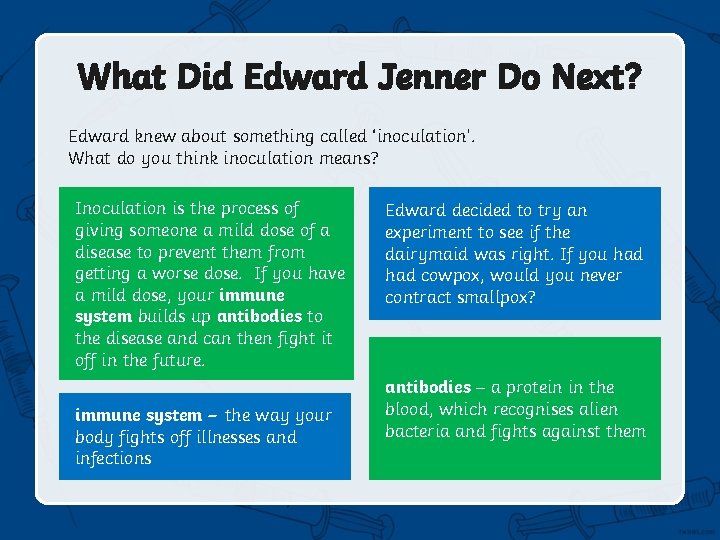 What Did Edward Jenner Do Next? Edward knew about something called ‘inoculation’. What do