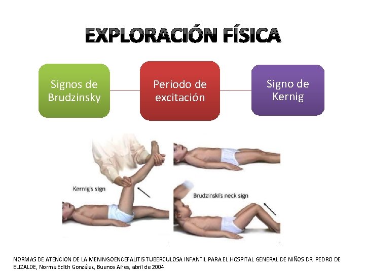 EXPLORACIÓN FÍSICA Signos de Brudzinsky Periodo de excitación Signo de Kernig NORMAS DE ATENCION