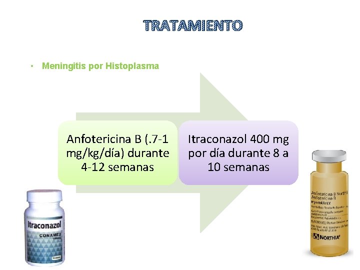 TRATAMIENTO • Meningitis por Histoplasma Anfotericina B (. 7 -1 mg/kg/día) durante 4 -12