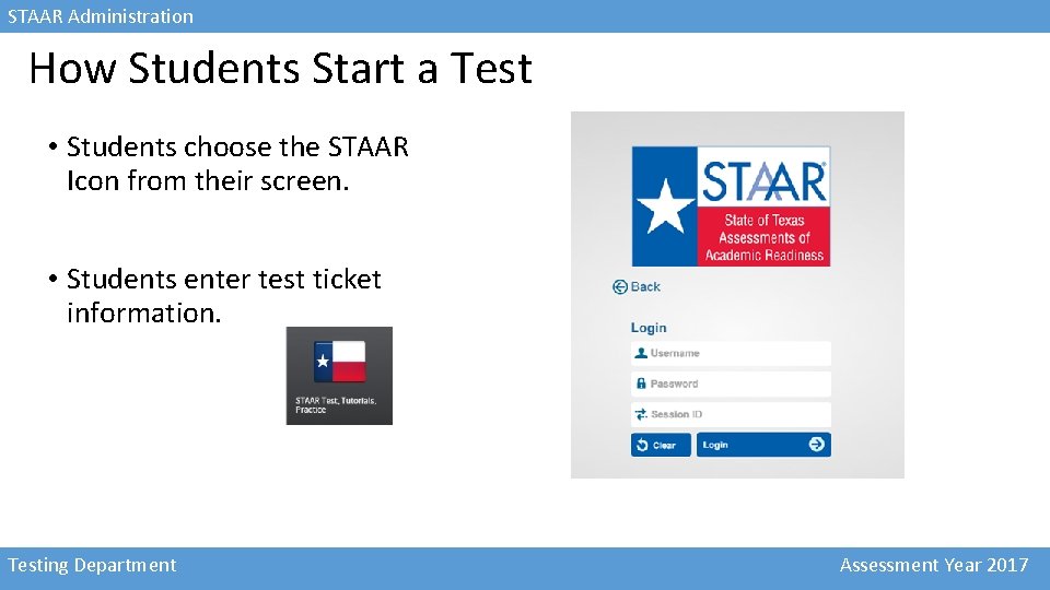 STAAR Administration How Students Start a Test • Students choose the STAAR Icon from