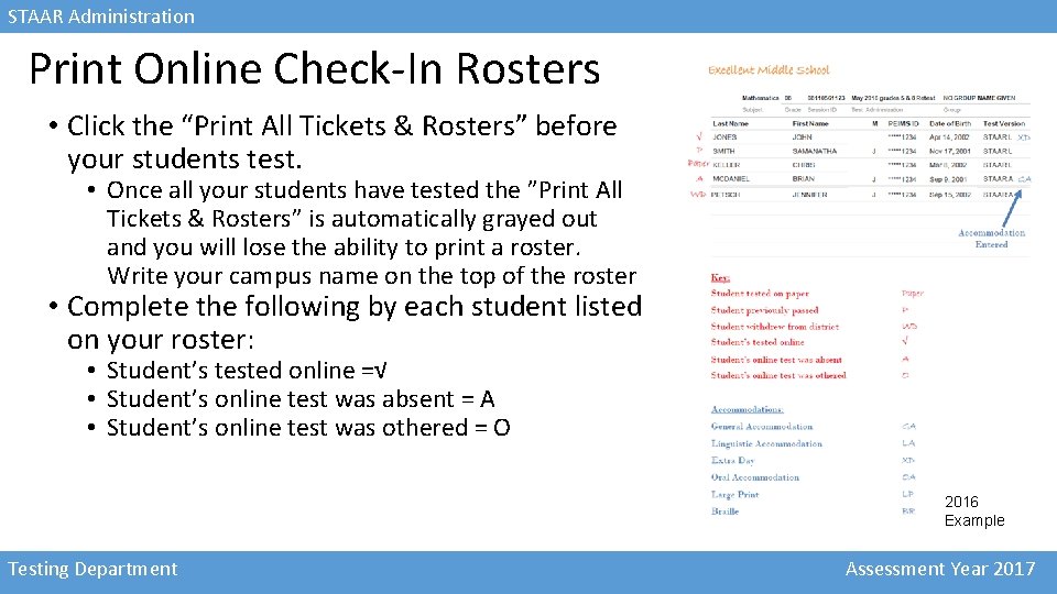 STAAR Administration Print Online Check-In Rosters • Click the “Print All Tickets & Rosters”