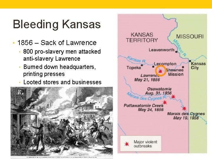 Bleeding Kansas • 1856 – Sack of Lawrence • 800 pro-slavery men attacked anti-slavery