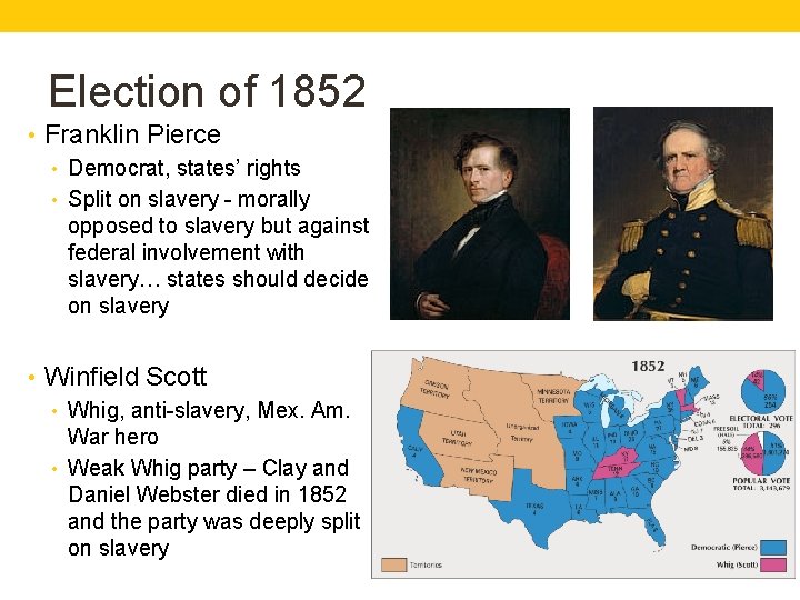 Election of 1852 • Franklin Pierce • Democrat, states’ rights • Split on slavery