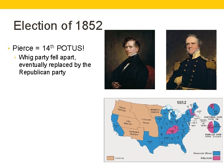 Election of 1852 • Pierce = 14 th POTUS! • Whig party fell apart,