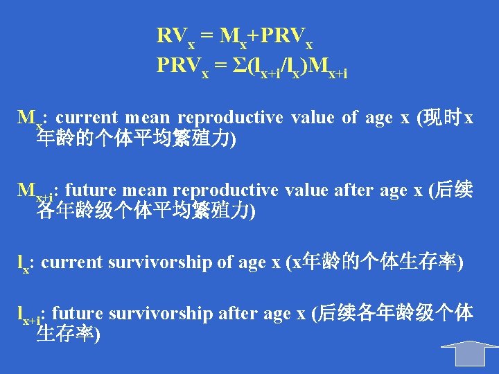 RVx = Mx+PRVx = Σ(lx+i/lx)Mx+i Mx: current mean reproductive value of age x (现时x