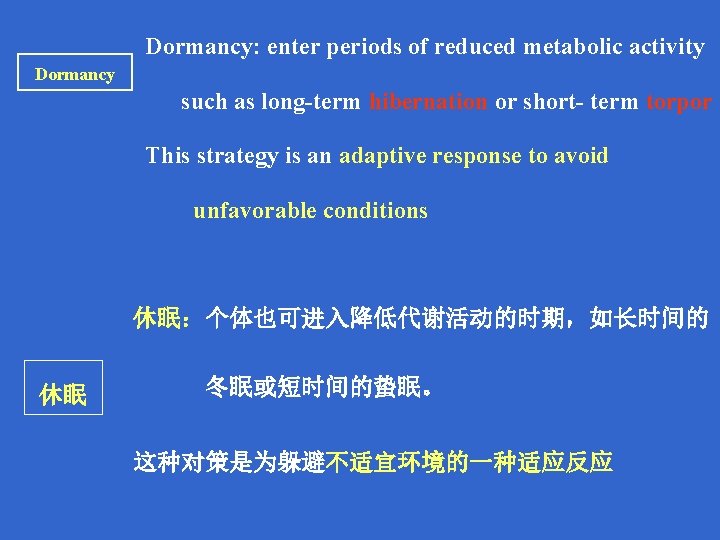 Dormancy: enter periods of reduced metabolic activity Dormancy such as long-term hibernation or short-