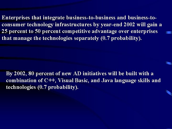 Enterprises that integrate business-to-business and business-toconsumer technology infrastructures by year-end 2002 will gain a