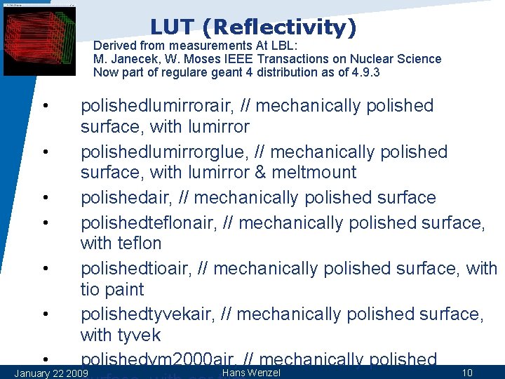 LUT (Reflectivity) Derived from measurements At LBL: M. Janecek, W. Moses IEEE Transactions on