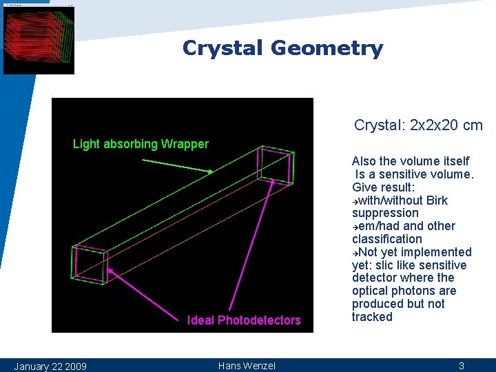 Crystal Geometry Crystal: 2 x 2 x 20 cm Light absorbing Wrapper Ideal Photodetectors