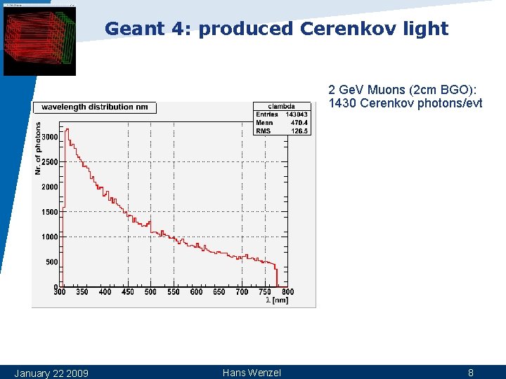 Geant 4: produced Cerenkov light 2 Ge. V Muons (2 cm BGO): 1430 Cerenkov