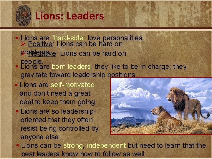 Lions: Leaders § Lions are “hard-side” love personalities. Ø Positive: Lions can be hard