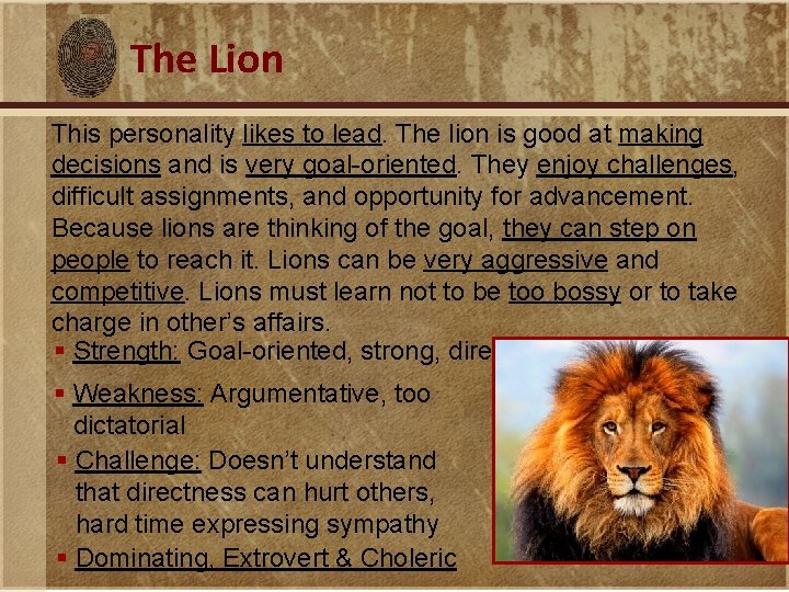 The Lion This personality likes to lead. The lion is good at making decisions