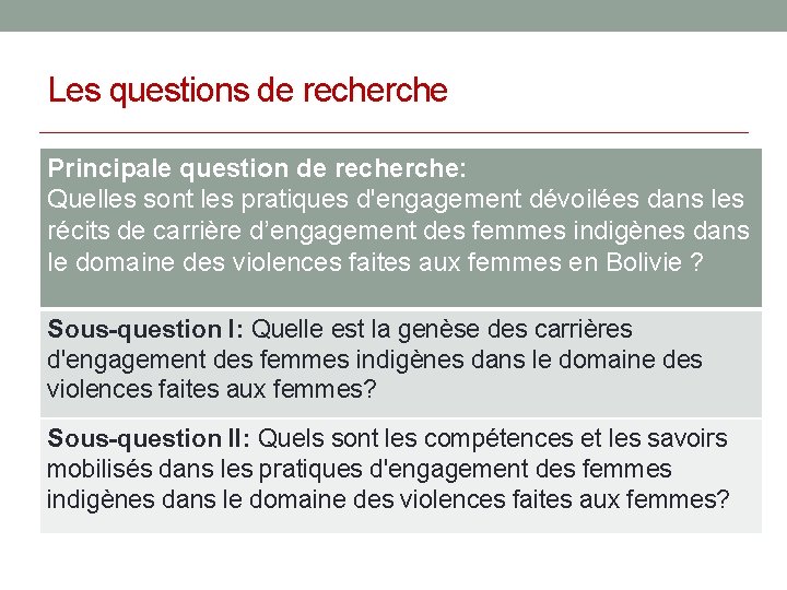 Les questions de recherche Principale question de recherche: Quelles sont les pratiques d'engagement dévoilées