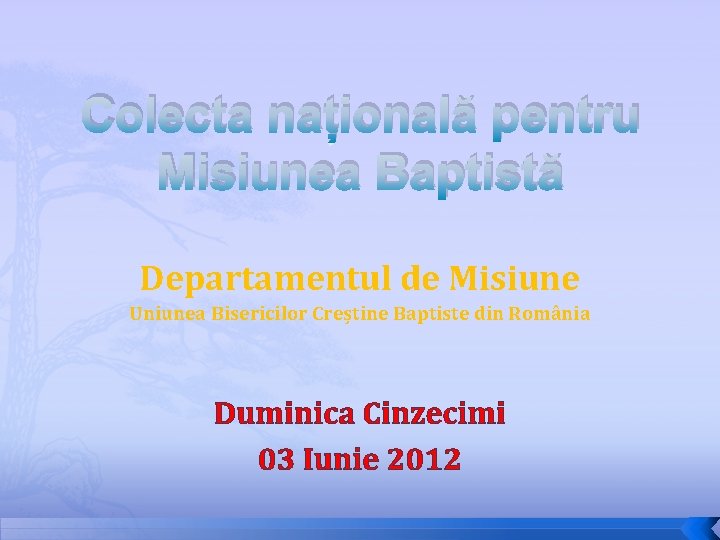 Colecta națională pentru Misiunea Baptistă Departamentul de Misiune Uniunea Bisericilor Creștine Baptiste din România