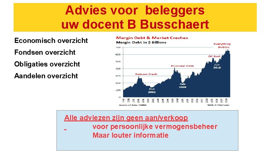 Advies voor beleggers uw docent B Busschaert Economisch overzicht Fondsen overzicht Obligaties overzicht Aandelen