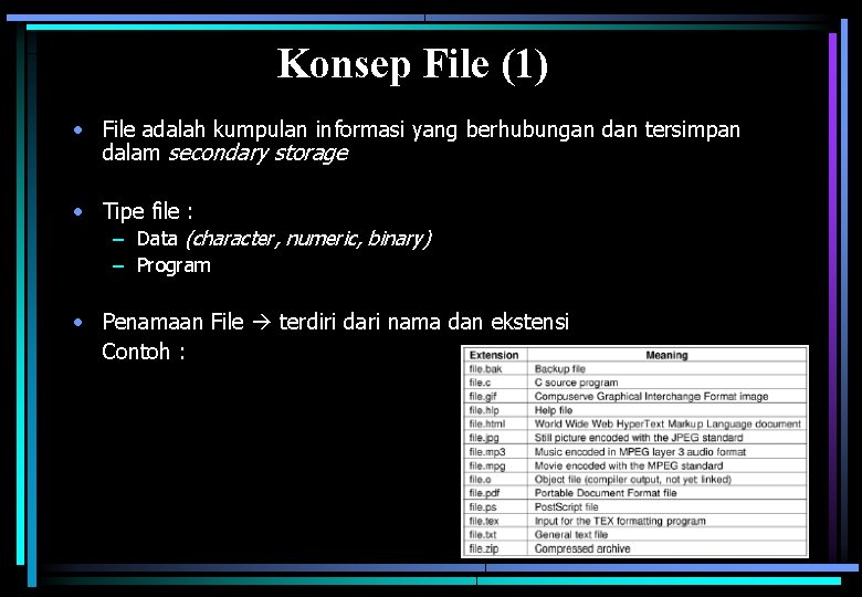 Konsep File (1) • File adalah kumpulan informasi yang berhubungan dan tersimpan dalam secondary