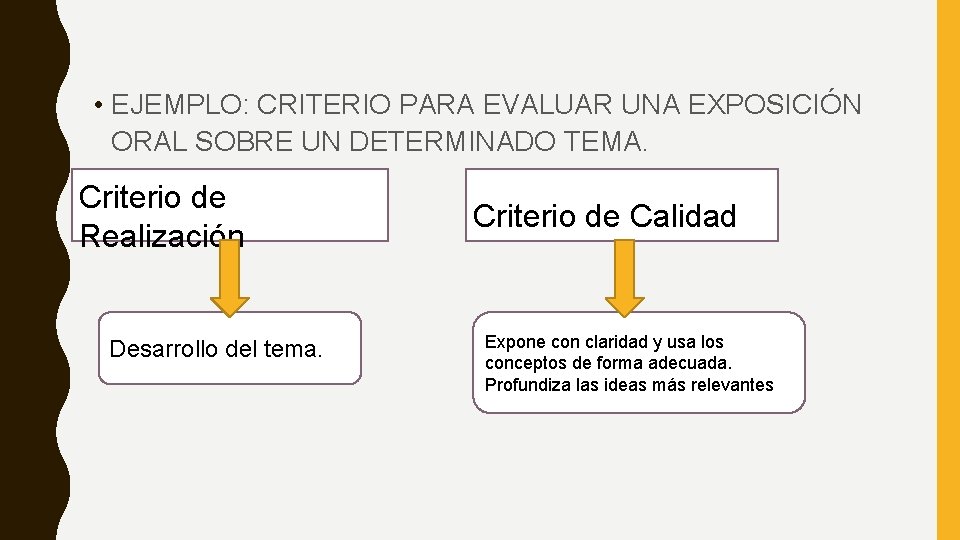 • EJEMPLO: CRITERIO PARA EVALUAR UNA EXPOSICIÓN ORAL SOBRE UN DETERMINADO TEMA. Criterio • EJEMPLO: CRITERIO PARA EVALUAR UNA EXPOSICIÓN ORAL SOBRE UN DETERMINADO TEMA. Criterio