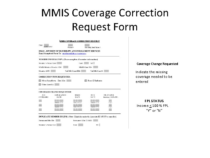 MMIS Coverage Correction Request Form Coverage Change Requested • Presentation Title • • Indicate