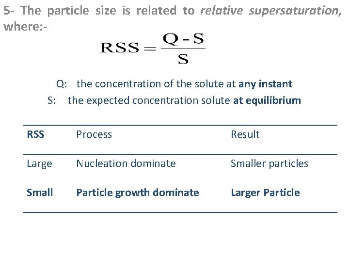 5 - The particle size is related to relative supersaturation, where: - Q: the
