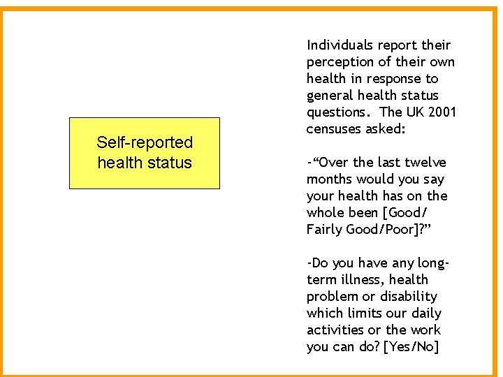 Self Reported Health Selfreported health status Individuals report their perception of