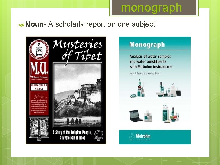 monograph Noun- A scholarly report on one subject 