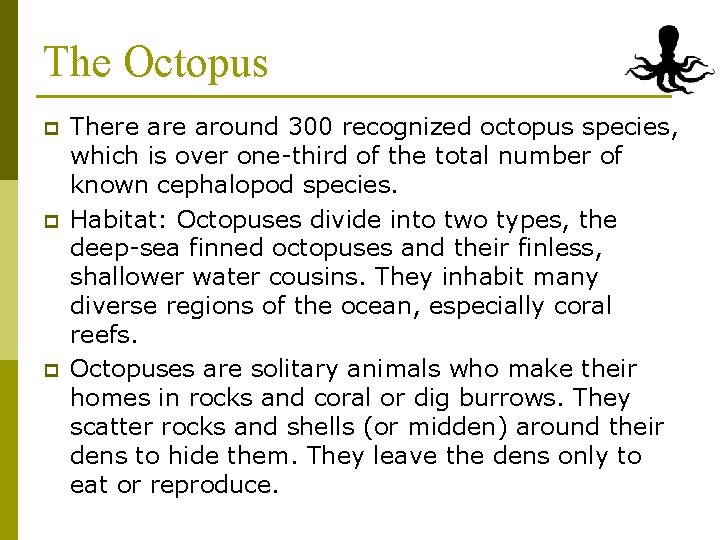 The Octopus p p p There around 300 recognized octopus species, which is over